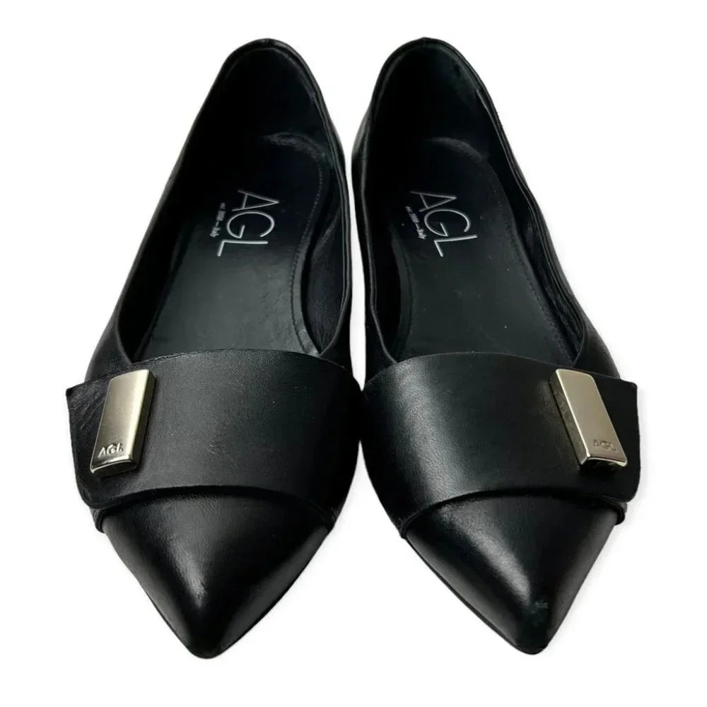 AGL Attilio Giusti Leombruni Black  Leather Pointy Flats